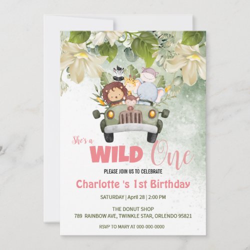 Cute Wild One Safari Animals Car 1st Birthday flor Invitation