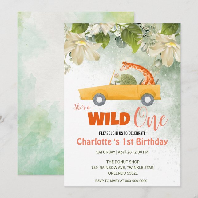 Cute Wild One Safari Animals Car 1st Birthday Invitation (Front/Back)