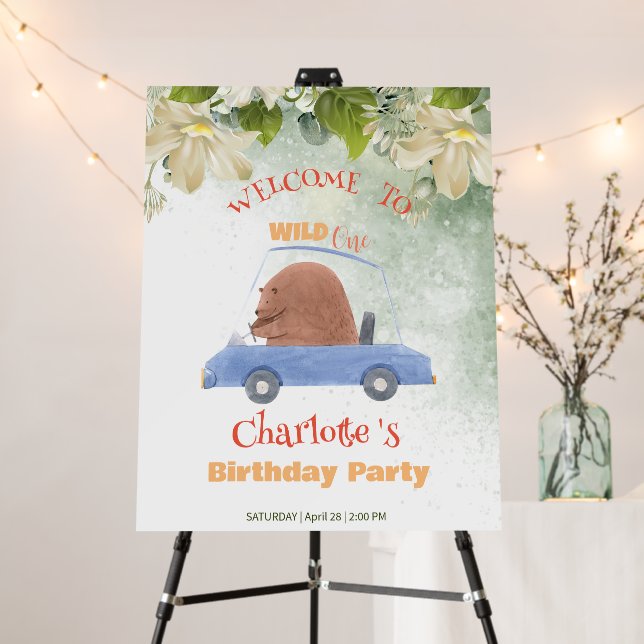 Cute Wild One Safari Animals Car Birthday party Foam Board (In Situ (Stand))