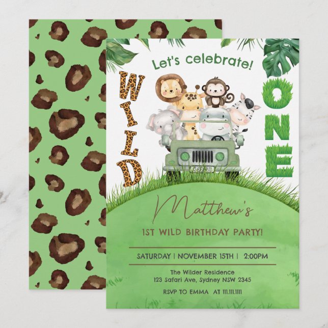 Cute Wild One Safari Animals Jungle 1ST Birthday Invitation (Front/Back)