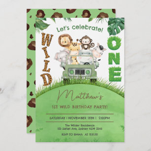 Cute Wild One Safari Animals Jungle 1ST Birthday Invitation