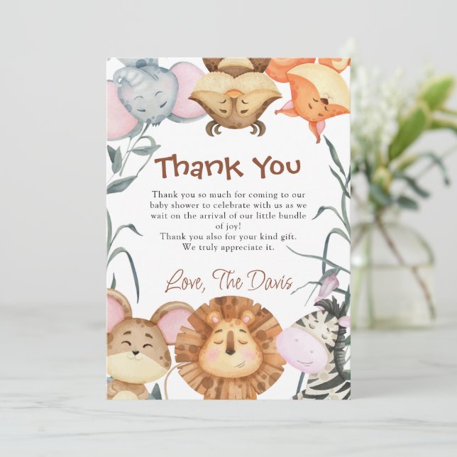 Cute Wild One Safari Animals Thank You Invitation (Standing Front)