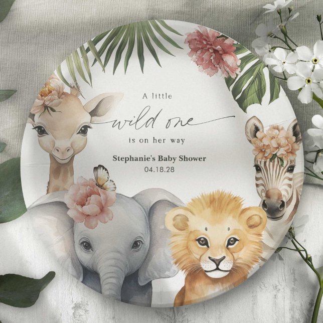 Cute Wild One Safari Baby Animals Girl Shower Paper Plates (A little Wild One is on her way, Safari animal baby girl shower party paper plates.)