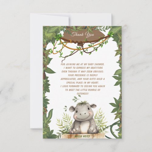 Cute Wild One Safari Baby Hippopotamus Baby Shower Thank You Card