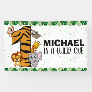 Cute Wild One Safari Jungle Animals 1st Birthday Banner