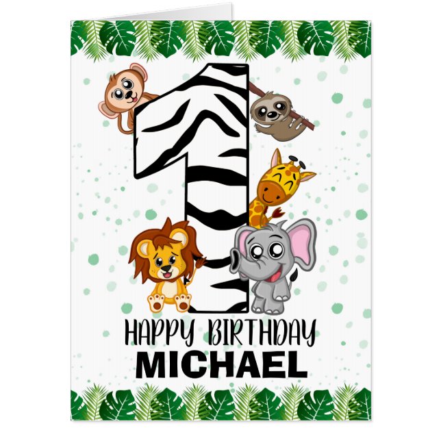 Cute Wild One Safari Jungle Animals 1st Birthday Card (Front)