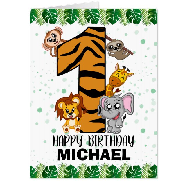 Cute Wild One Safari Jungle Animals 1st Birthday Card (Front)