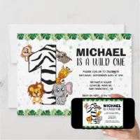 BIRTHDAY INVITATIONS 1st Birthday,Cute Jungle Animals,Wild One