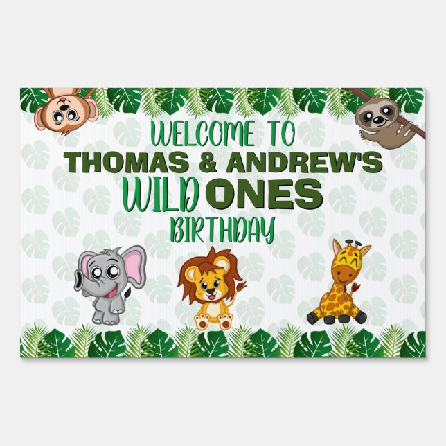 Cute Wild One Safari Jungle Animals 1st Birthday Sign (Front)