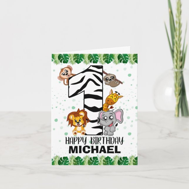 Cute Wild One Safari Jungle Animals First Birthday Card (Front)