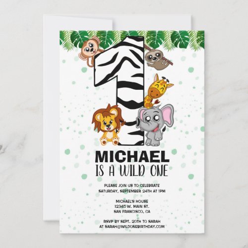 Cute Wild One Safari Jungle Animals First Birthday Invitation