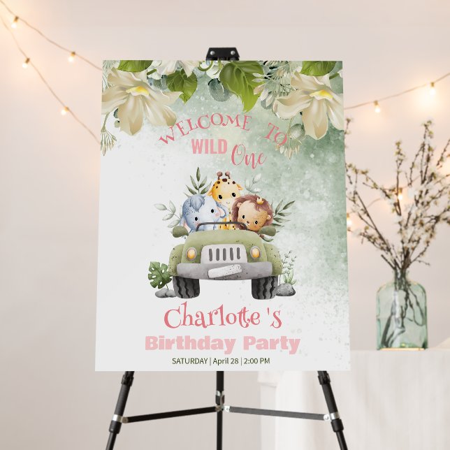 Cute Wild One Safari jungle cub Car Birthday party Foam Board (In Situ (Stand))