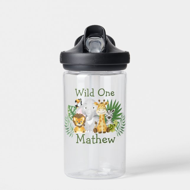 Cute Wild One Safari Jungle Woodland Animals Water Bottle (Front)