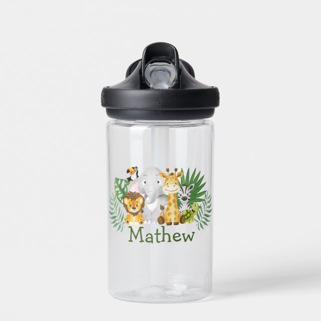 Cute Wild One Safari Jungle Woodland Animals Water Bottle (Front)