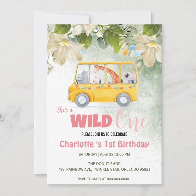 Cute Wild One safari school Bus 1st Birthday flora Invitation (Front)