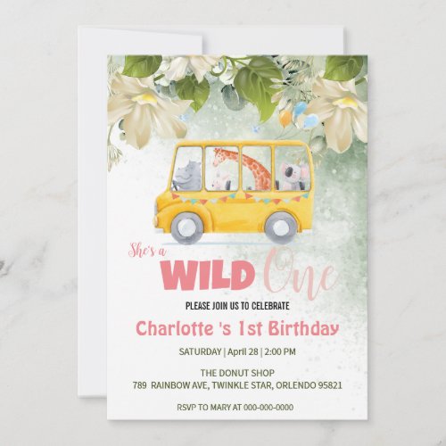Cute Wild One safari school Bus 1st Birthday flora Invitation