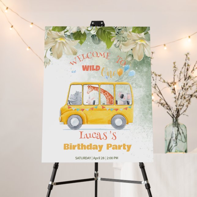 Cute Wild One Safari school Bus Birthday party Foam Board (In Situ (Stand))
