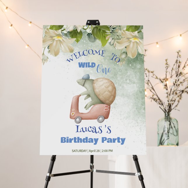 Cute Wild One Safari turtle scooter Birthday party Foam Board (In Situ (Stand))