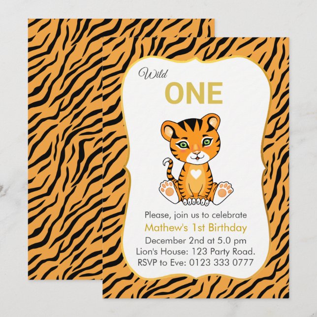 Cute Wild One Tiger 1st Birthday Invitation (Front/Back)