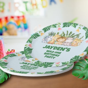 Cute Wild One Tropical Jungle Safari Animals Paper Plates