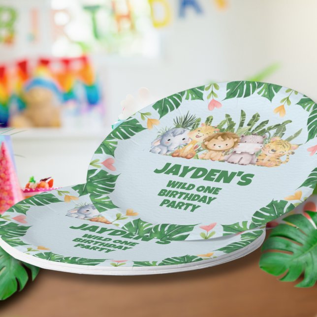 Cute Wild One Tropical Jungle Safari Animals Paper Plates (Creator Uploaded)