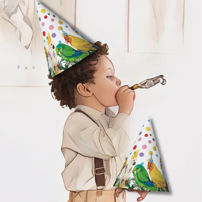 Cute Wild One Tropical Parrots & Confetti Birthday Party Hat (Creator Uploaded)