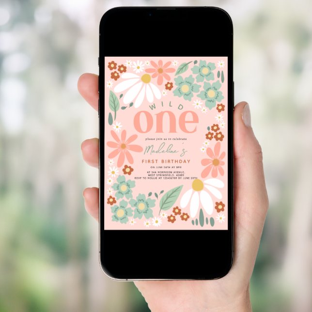 Cute Wild One Wildflower Daisy Girls 1st Birthday Invitation (Front Digital)