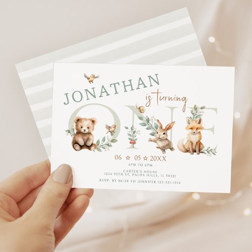 Cute Wild One Woodland animals 1st Birthday Boy Invitation