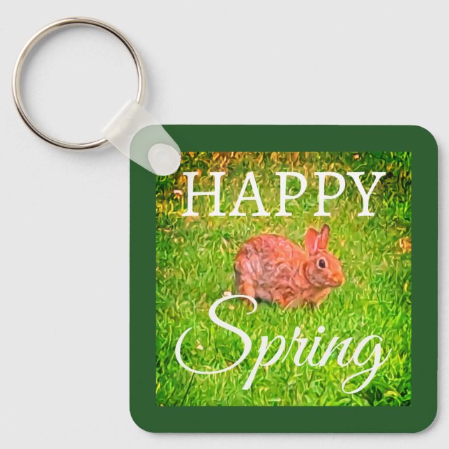 Cute Wild Rabbit Photo Dark Green Happy Spring Keychain (Front)