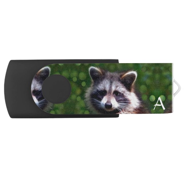 Cute Wild Raccoon & Monogram Flash Drive (Front)