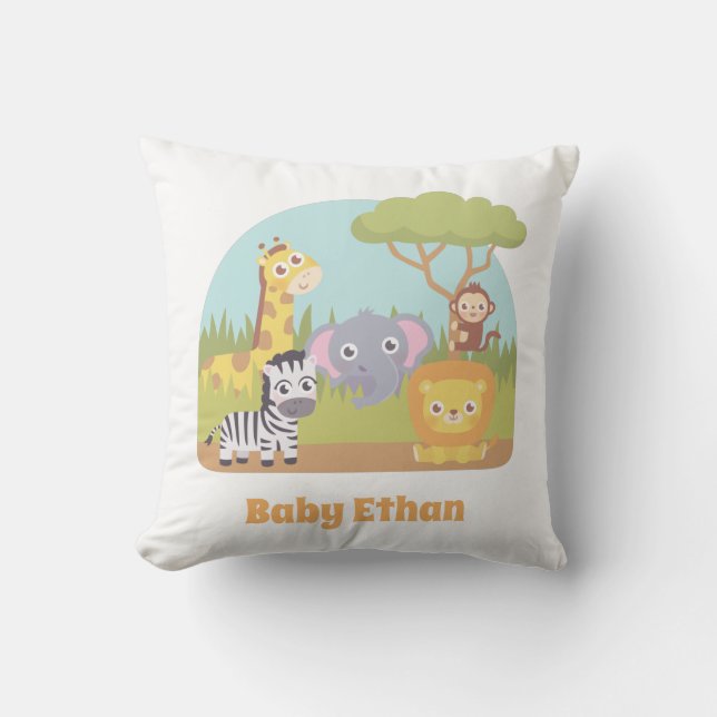 Cute Wild Safari Animals Baby Name Nursery Decor Throw Pillow (Front)