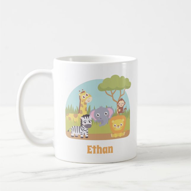 Cute Wild Safari Animals Kids Personalized Coffee Mug (Left)