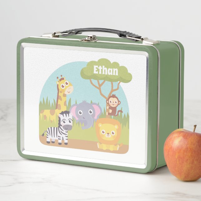 Cute Wild Safari Animals Kids Personalized Metal Lunch Box (In Situ)