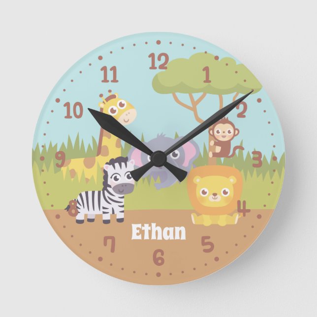 Cute Wild Safari Animals Kids Room Decor Round Clock (Front)