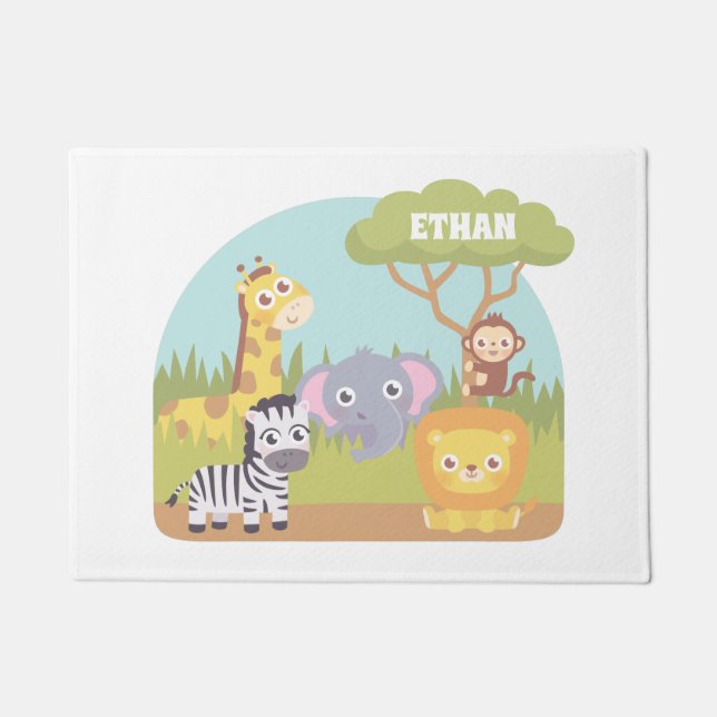 Cute Wild Safari Animals Kids Room Personalized Doormat (Front)