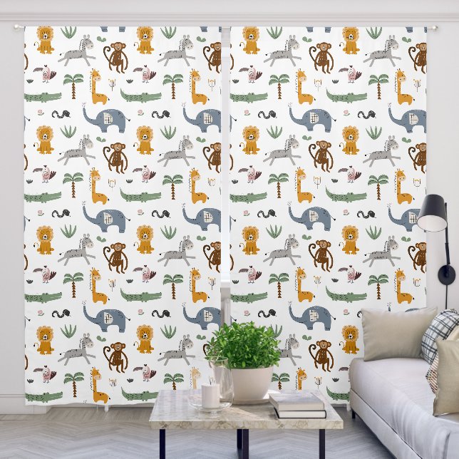 Cute Wild Safari Animals Modern Kids Pattern Blackout Curtains (Living Room)