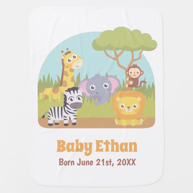Cute Wild Safari Animals, Personalized Baby Blanket (Front)