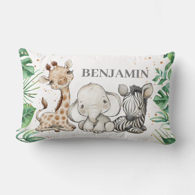Cute Wild Safari Jungle Animals Greenery Lumbar Pillow (Front)