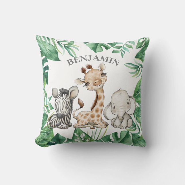 Cute Wild Safari Jungle Animals Greenery Throw Pillow (Front)