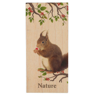 Cute Wild Squirrel & Editable Text Wood Flash Drive
