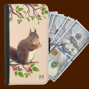 Cute Wild Squirrel & Monogram on Light Beige Samsung Galaxy S5 Wallet Case
