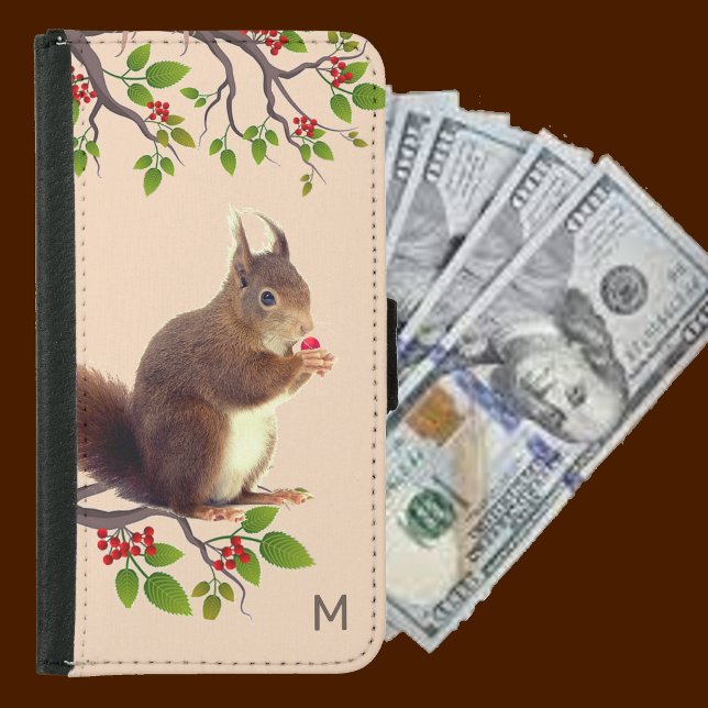 Cute Wild Squirrel & Monogram on Light Beige Samsung Galaxy Wallet Case (Creator Uploaded)