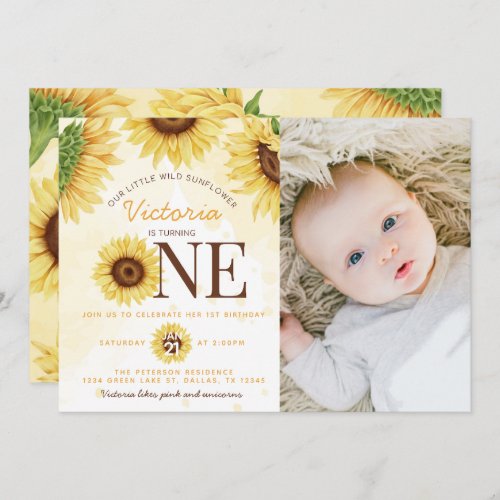 Cute Wild Sunflower turning ONE 1st Birthday Party Invitation