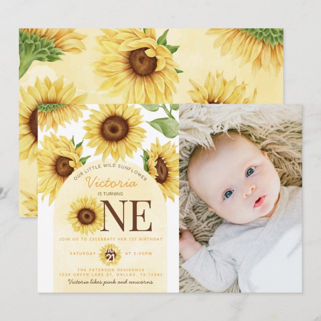 Cute Wild Sunflower turning ONE 1st Birthday Party Invitation (Front/Back)