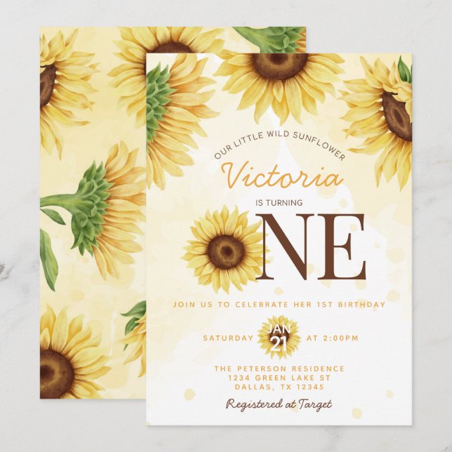 Cute Wild Sunflower turning ONE 1st Birthday Party Invitation (Front/Back)
