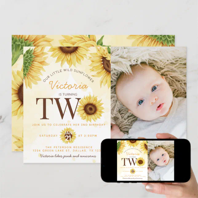 Cute Wild Sunflower Turning Two 2nd Birthday Party Invitation Zazzle