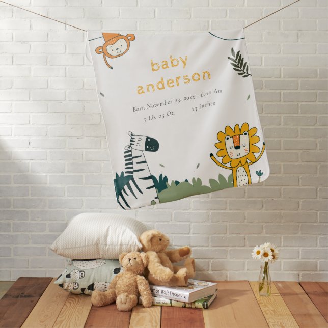 Cute Wild Tropical Jungle Animals Baby Birth Stats Baby Blanket (In Situ)