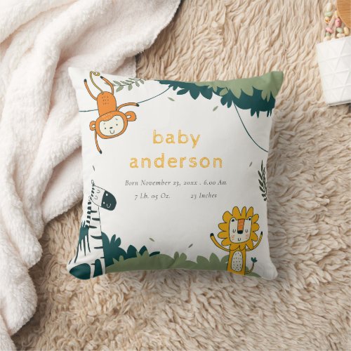 Cute Wild Tropical Jungle Animals Baby Birth Stats Throw Pillow