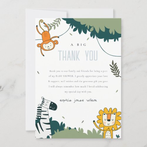 Cute Wild Tropical Jungle Animals Baby Shower Thank You Card