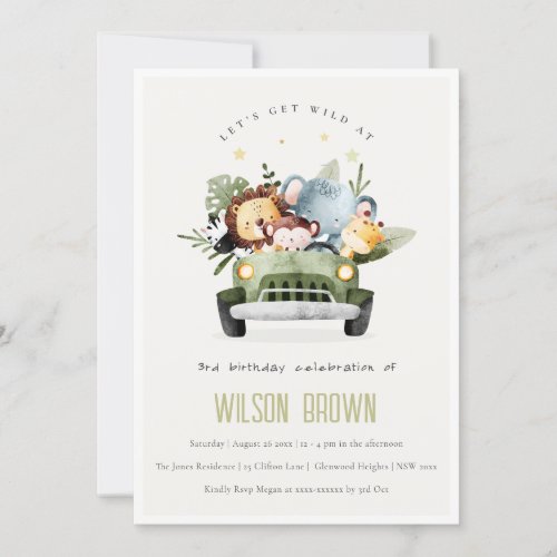 Cute Wild Tropical Jungle Animals in Car Birthday Invitation